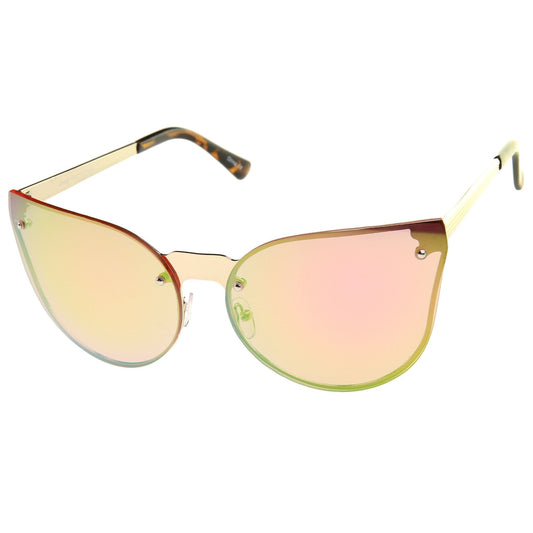 Rimless Cat Eye Shield Mirror Lens Sunglasses